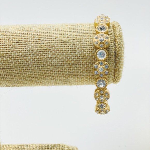 Rhinestone Encrusted Disc Stretch Bracelet Gold Tone Glam Bling Sparkle Holiday - Picture 4 of 6